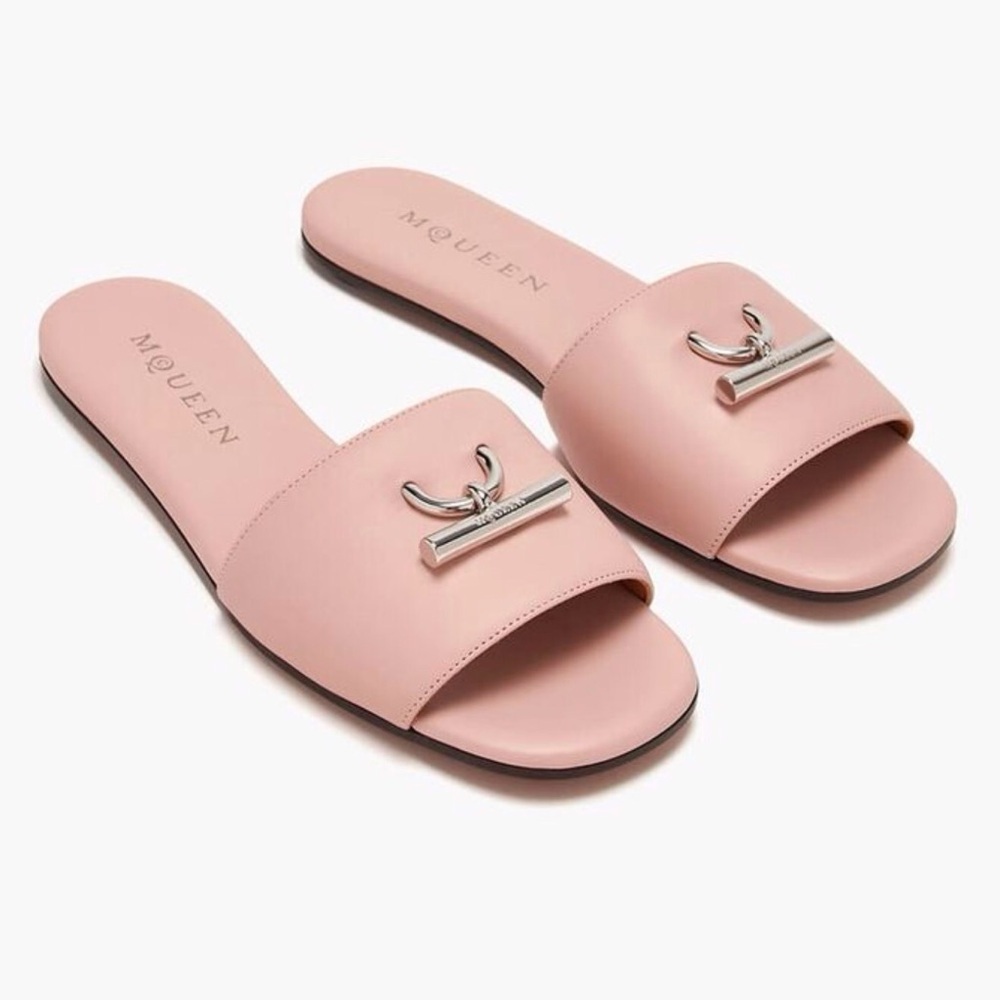 Alexander McQueen T-Bar Slide Sandals Blush/Silver Size-US 8.5/EUR 38 NIB